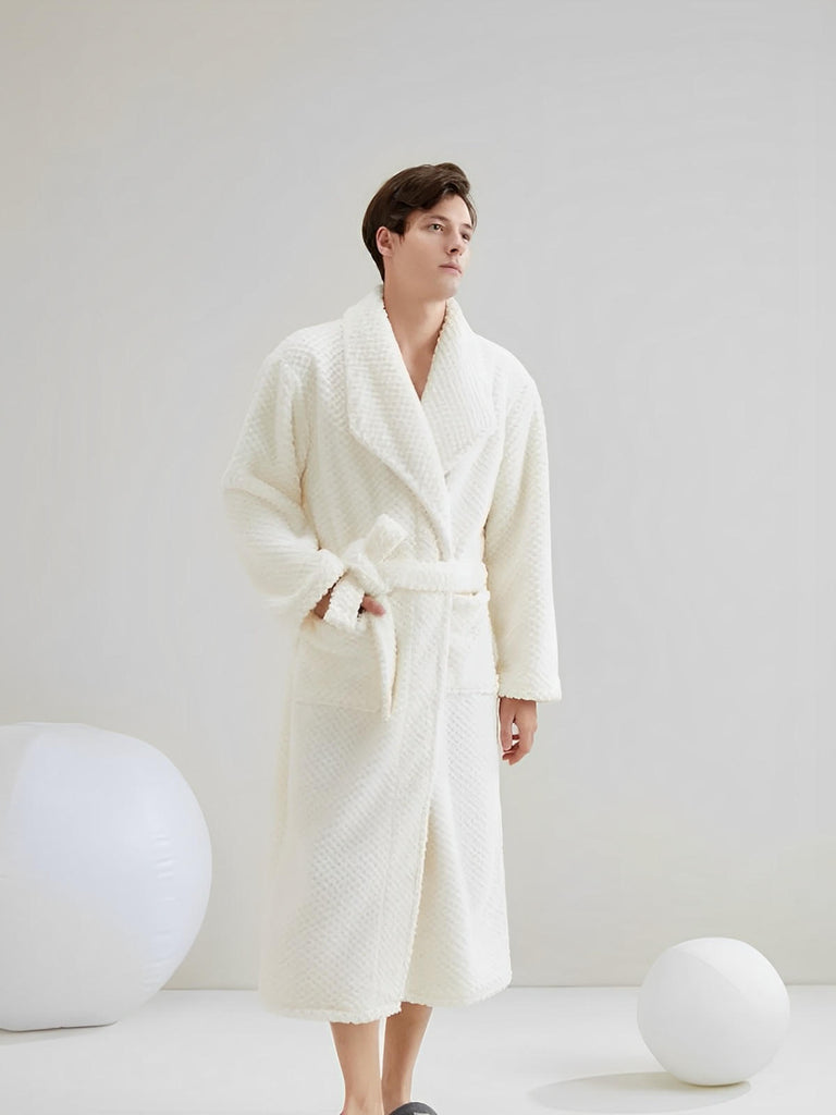 Peignoir homme femme, coton doux texturé, col châle, ceinture amovible, deux poches pratiques, confort maison, mi - mollet, modèle Junia - Peignoir - Blanc M