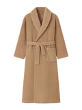 Peignoir homme femme, coton doux texturé, col châle, ceinture amovible, deux poches pratiques, confort maison, mi - mollet, modèle Junia - Peignoir - Marron M