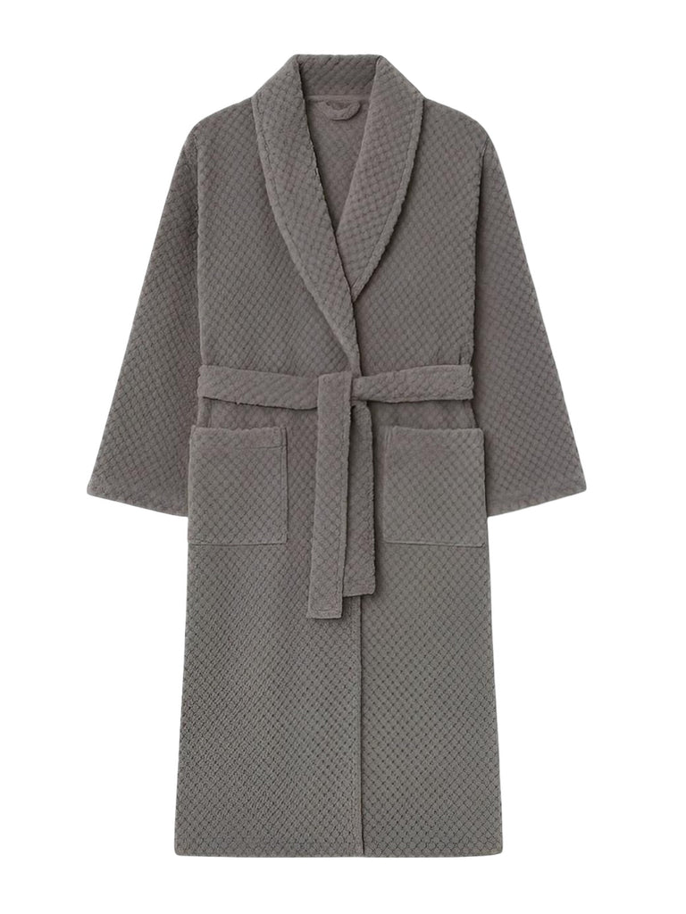 Peignoir homme femme, coton doux texturé, col châle, ceinture amovible, deux poches pratiques, confort maison, mi - mollet, modèle Junia - Peignoir - Gris M