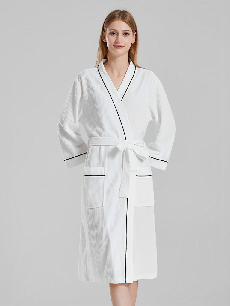 Peignoir homme femme, coton nid d'abeille doux, ceinture ajustable, poches pratiques, col en V moderne, peignoir long léger, peignoir bain confort, peignoir maison, modèle Lermi - Peignoir - Blanc M