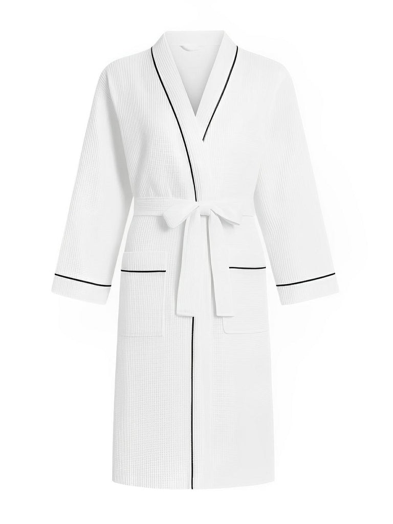 Peignoir homme femme, coton nid d'abeille doux, ceinture ajustable, poches pratiques, col en V moderne, peignoir long léger, peignoir bain confort, peignoir maison, modèle Lermi - Peignoir - Blanc M