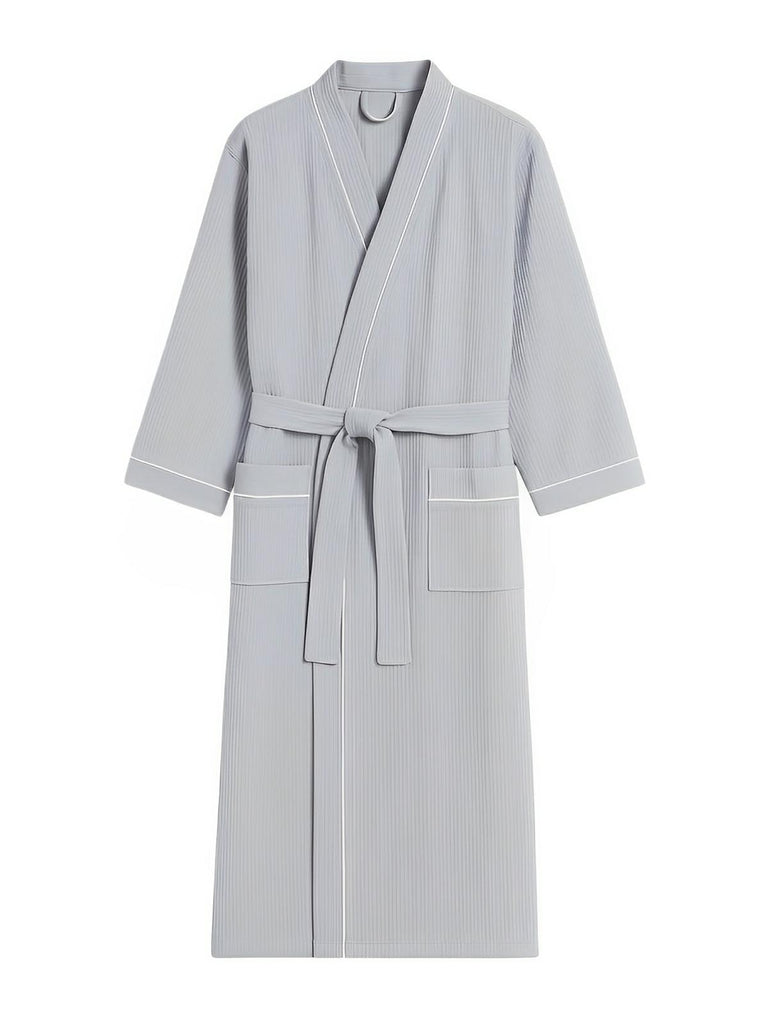 Peignoir homme femme, coton nid d'abeille doux, ceinture ajustable, poches pratiques, col en V moderne, peignoir long léger, peignoir bain confort, peignoir maison, modèle Lermi - Peignoir - Gris M