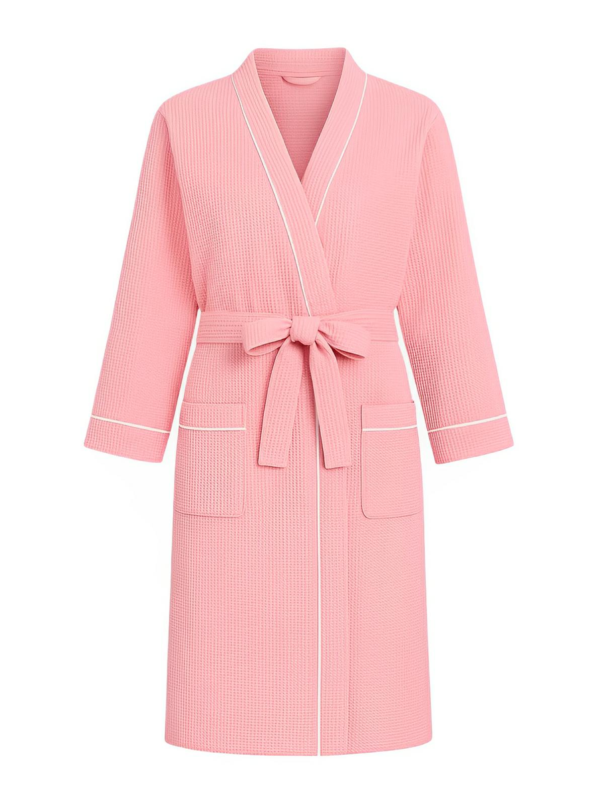Peignoir homme femme, coton nid d'abeille doux, ceinture ajustable, poches pratiques, col en V moderne, peignoir long léger, peignoir bain confort, peignoir maison, modèle Lermi - Peignoir - Rose M