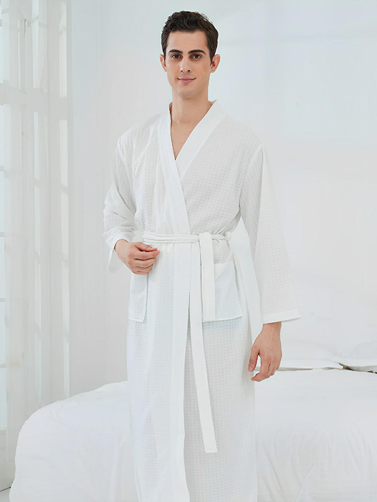 Peignoir homme femme, coupe longue, léger absorbant, effet nid d'abeille, ceinture réglable, confort après bain, nombreuses couleurs, modèle Talède - Peignoir - Blanc M