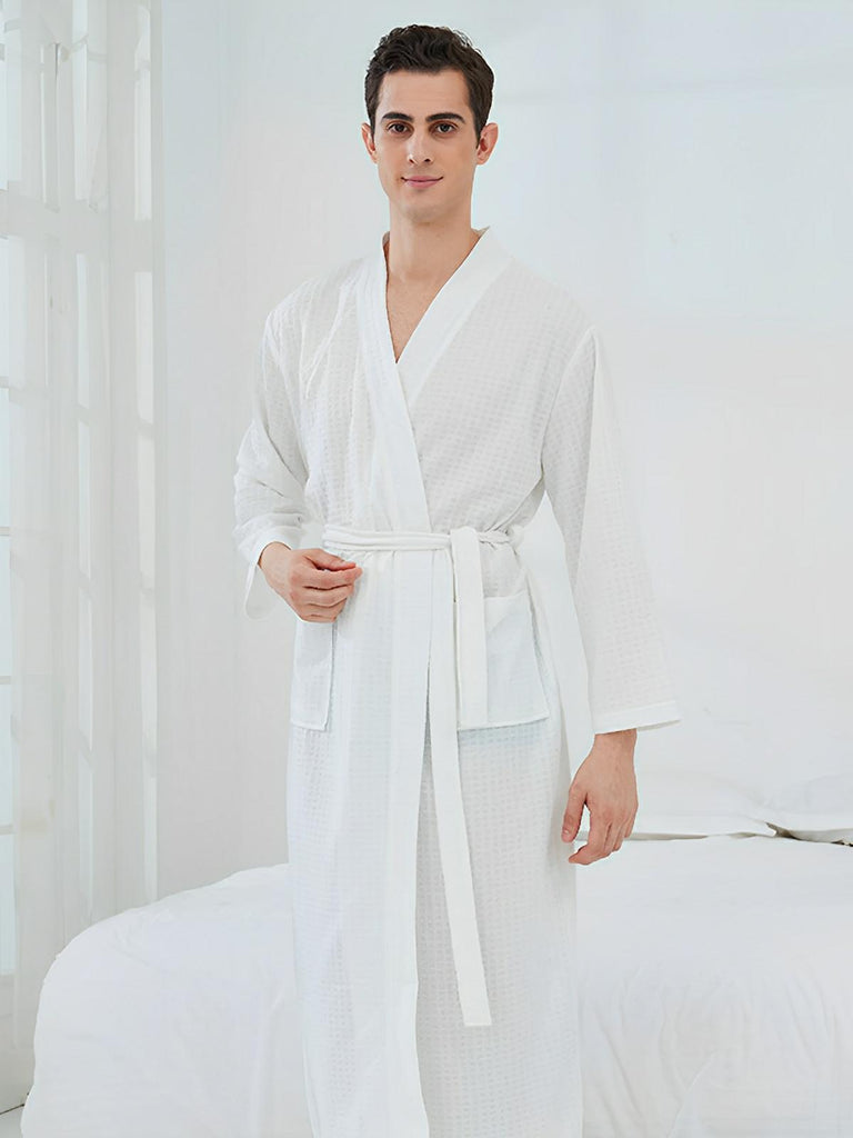 Peignoir homme femme, coupe longue, léger absorbant, effet nid d'abeille, ceinture réglable, confort après bain, nombreuses couleurs, modèle Talède - Peignoir - Blanc M