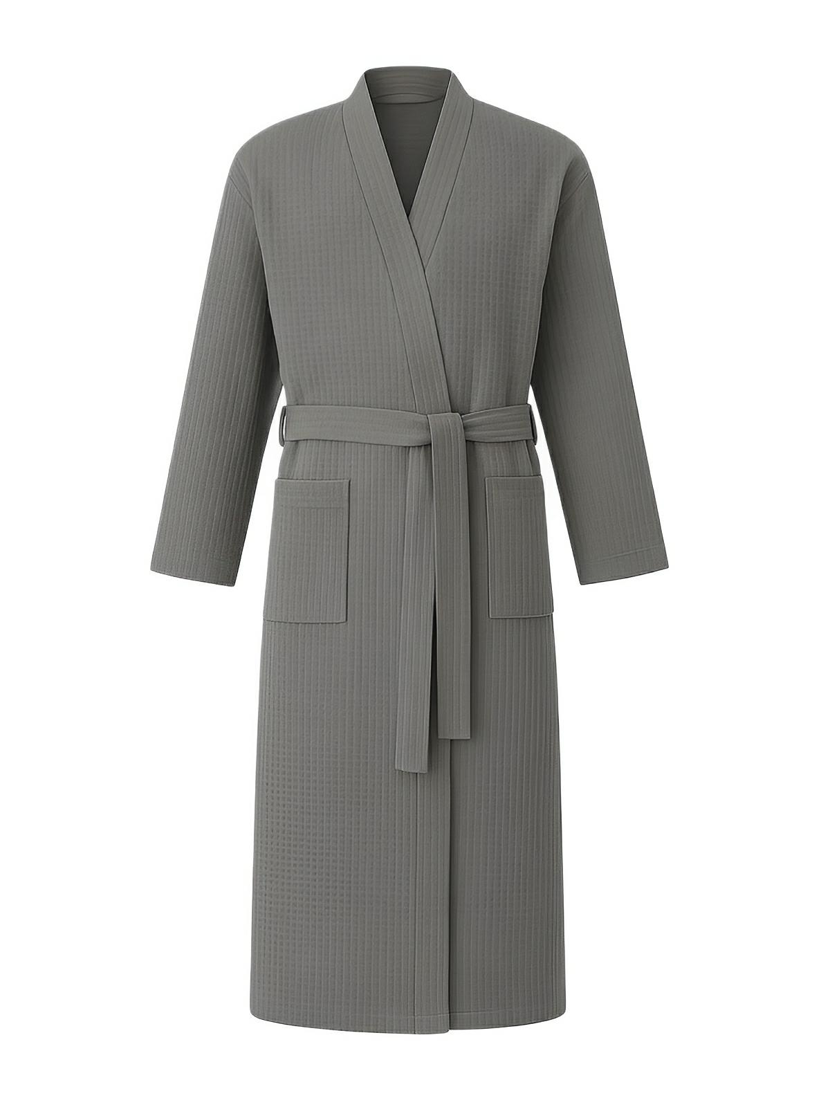 Peignoir homme femme, coupe longue, léger absorbant, effet nid d'abeille, ceinture réglable, confort après bain, nombreuses couleurs, modèle Talède - Peignoir - Gris M
