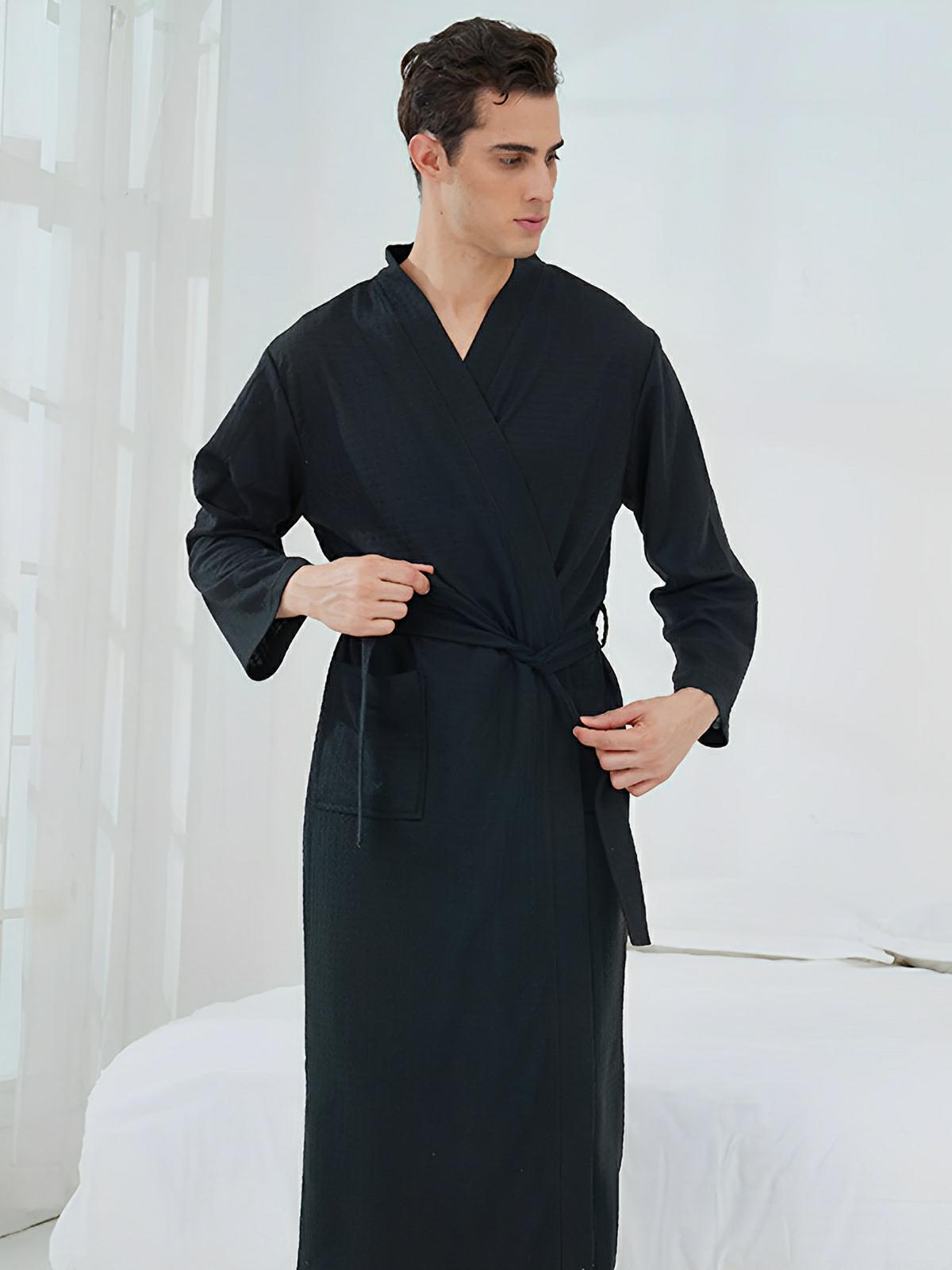 Peignoir homme femme, coupe longue, léger absorbant, effet nid d'abeille, ceinture réglable, confort après bain, nombreuses couleurs, modèle Talède - Peignoir - Noir M