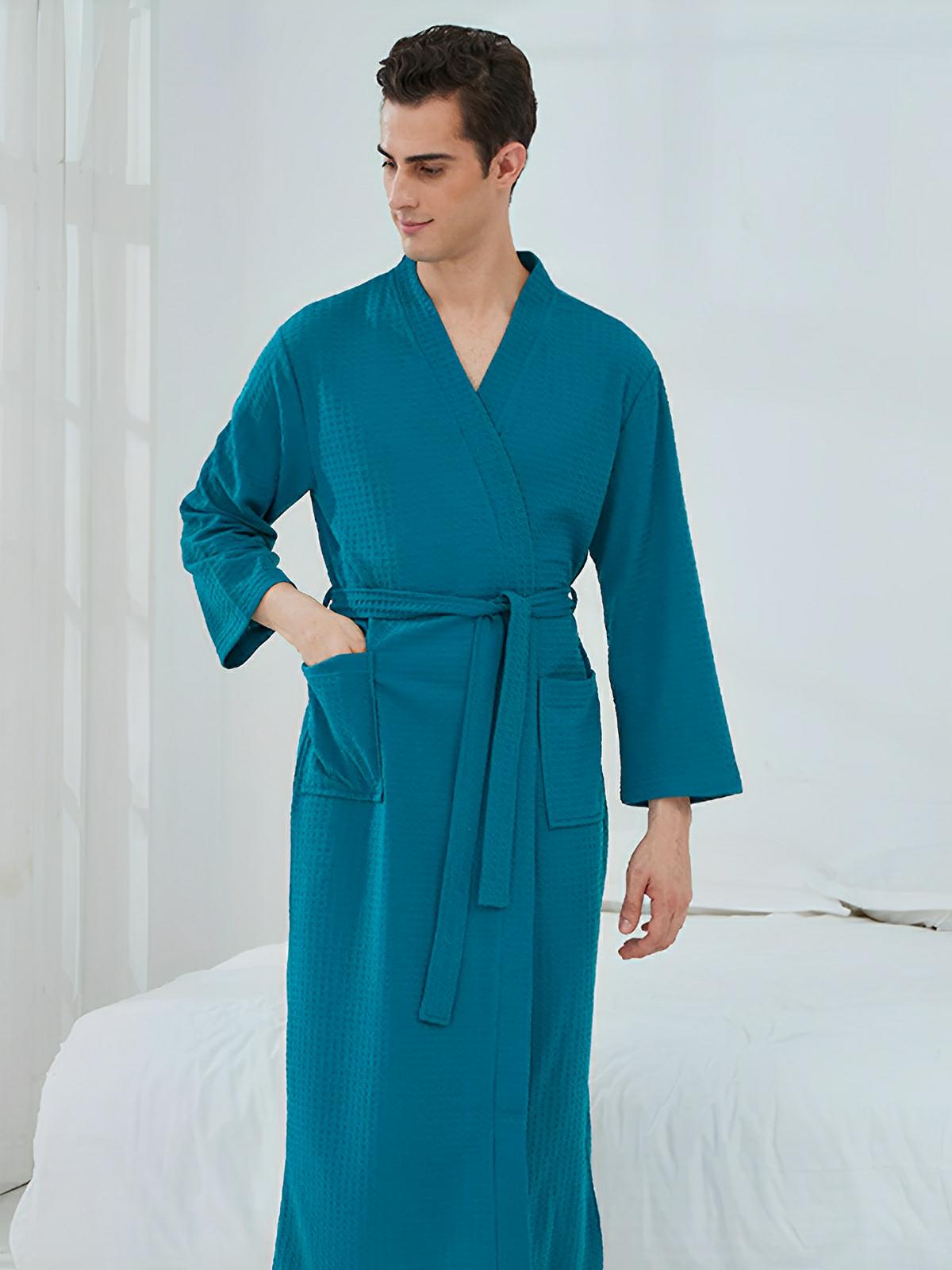 Peignoir homme femme, coupe longue, léger absorbant, effet nid d'abeille, ceinture réglable, confort après bain, nombreuses couleurs, modèle Talède - Peignoir - Bleu M