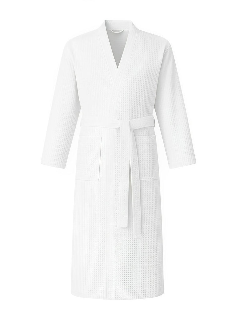 Peignoir homme femme, coupe longue, léger absorbant, effet nid d'abeille, ceinture réglable, confort après bain, nombreuses couleurs, modèle Talède - Peignoir - Blanc M