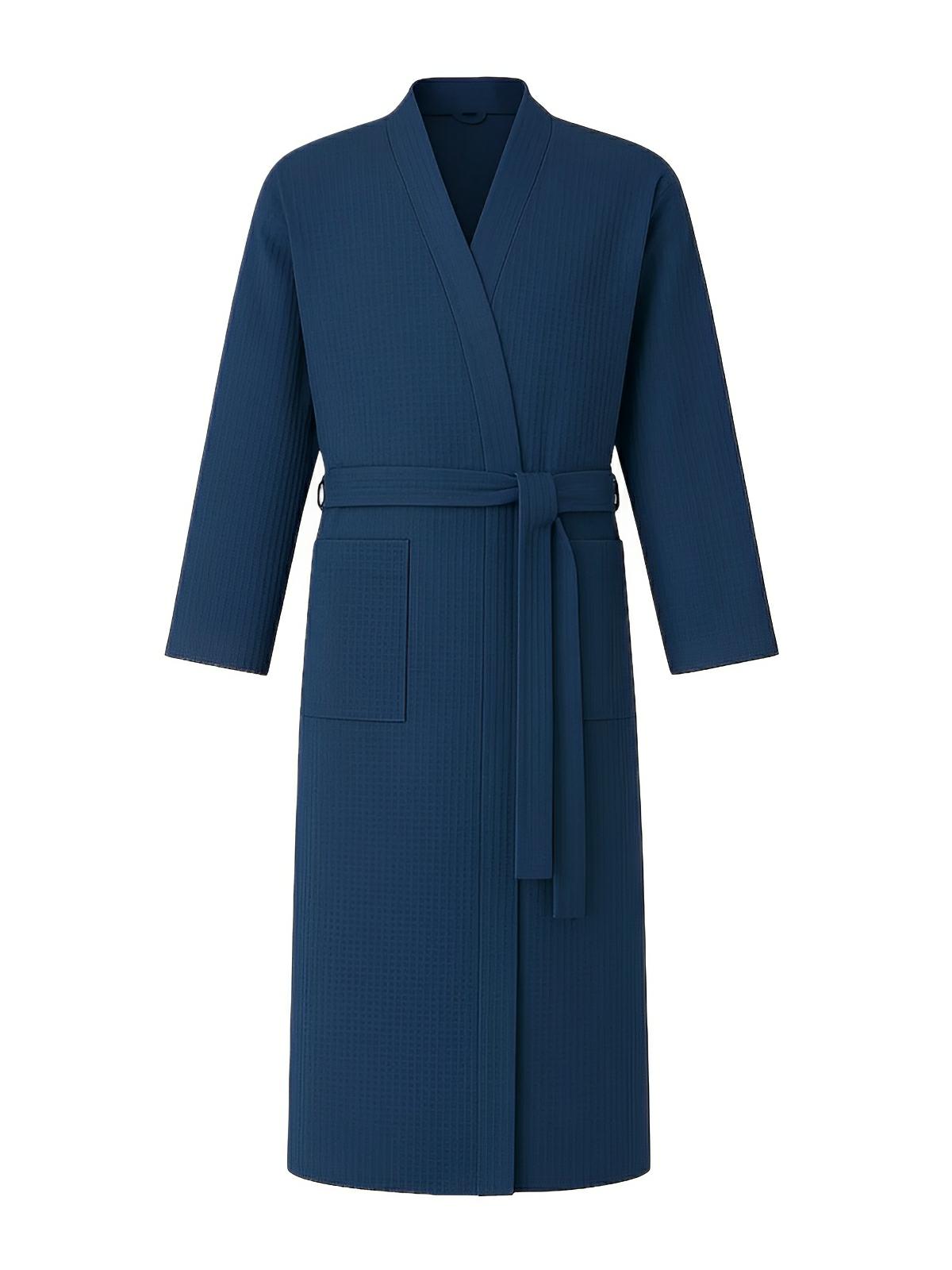 Peignoir homme femme, coupe longue, léger absorbant, effet nid d'abeille, ceinture réglable, confort après bain, nombreuses couleurs, modèle Talède - Peignoir - Bleu marine M