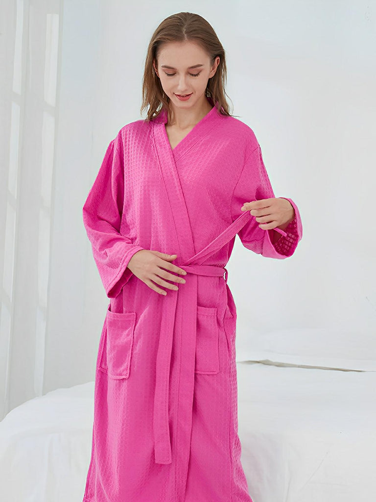 Peignoir homme femme, coupe longue, léger absorbant, effet nid d'abeille, ceinture réglable, confort après bain, nombreuses couleurs, modèle Talède - Peignoir - Rose M