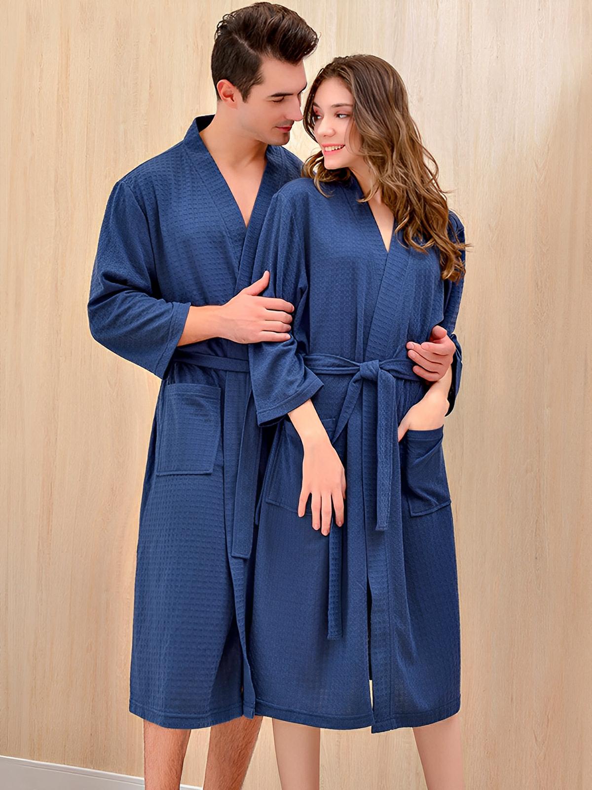 Peignoir homme femme, coupe longue, léger absorbant, effet nid d'abeille, ceinture réglable, confort après bain, nombreuses couleurs, modèle Talède - Peignoir - Bleu ciel M