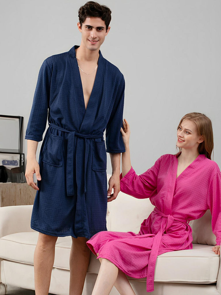 Peignoir homme femme, coupe longue, léger absorbant, effet nid d'abeille, ceinture réglable, confort après bain, nombreuses couleurs, modèle Talède - Peignoir - Bleu ciel M