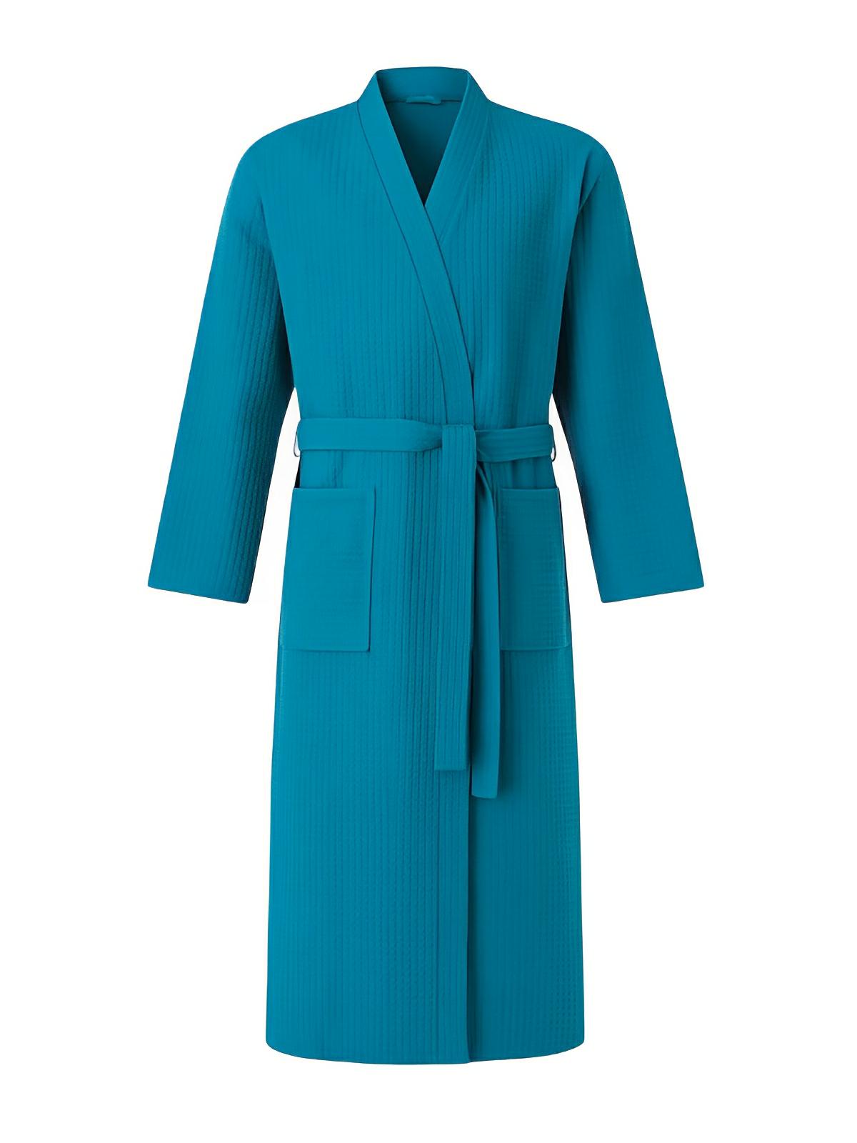 Peignoir homme femme, coupe longue, léger absorbant, effet nid d'abeille, ceinture réglable, confort après bain, nombreuses couleurs, modèle Talède - Peignoir - Bleu M