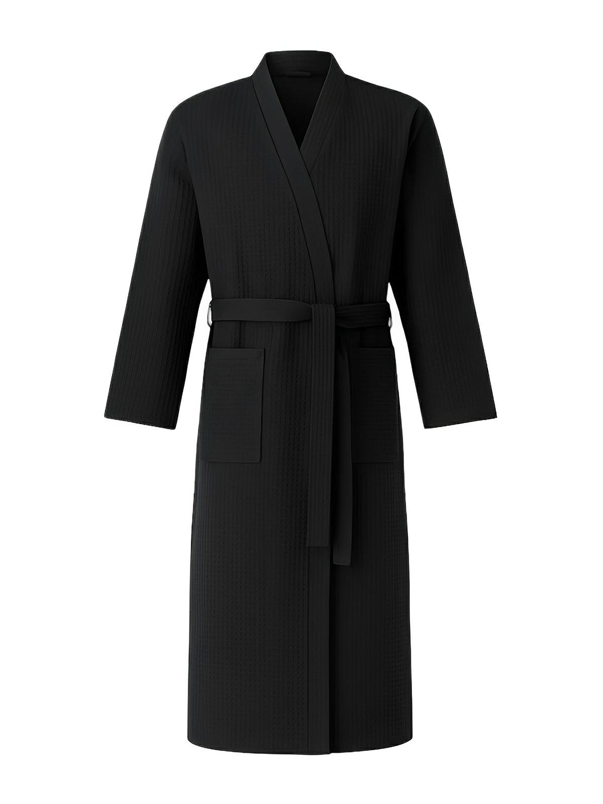Peignoir homme femme, coupe longue, léger absorbant, effet nid d'abeille, ceinture réglable, confort après bain, nombreuses couleurs, modèle Talède - Peignoir - Noir M