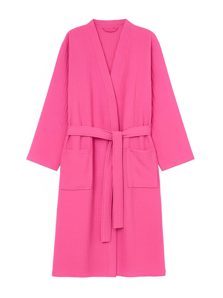 Peignoir homme femme, coupe longue, léger absorbant, effet nid d'abeille, ceinture réglable, confort après bain, nombreuses couleurs, modèle Talède - Peignoir - Rose M