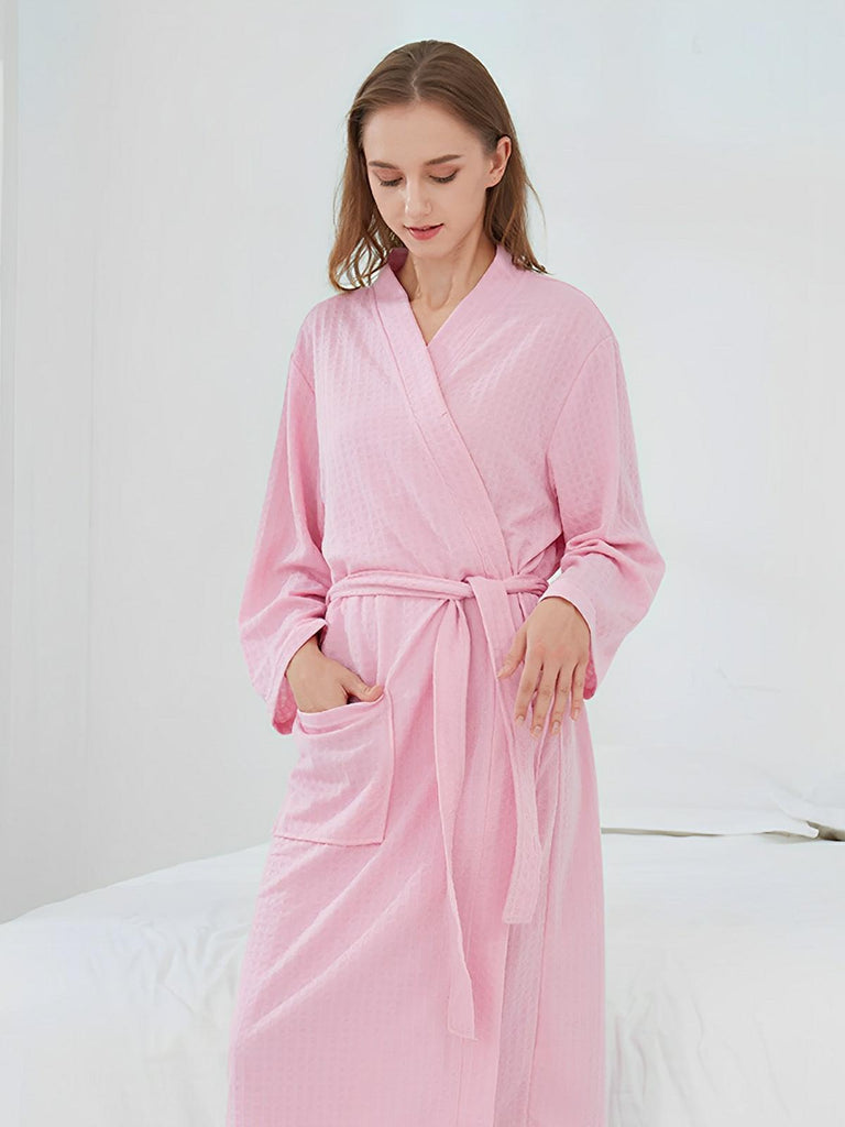 Peignoir homme femme, coupe longue, léger absorbant, effet nid d'abeille, ceinture réglable, confort après bain, nombreuses couleurs, modèle Talède - Peignoir - Rose clair M