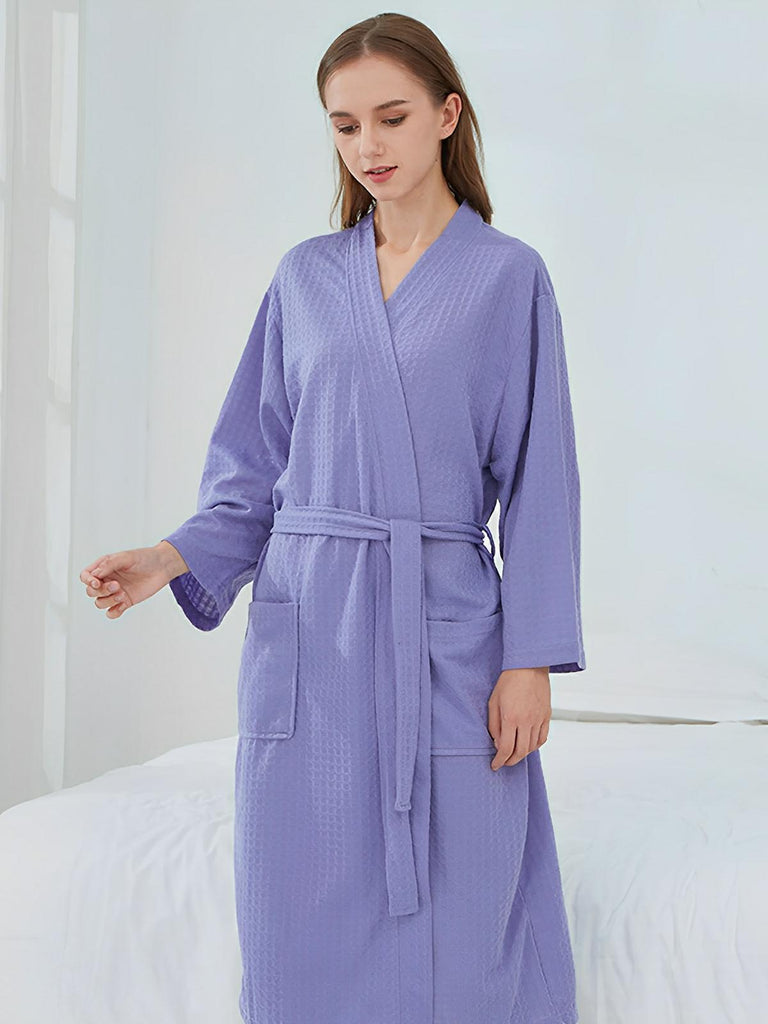 Peignoir homme femme, coupe longue, léger absorbant, effet nid d'abeille, ceinture réglable, confort après bain, nombreuses couleurs, modèle Talède - Peignoir - Lavande M