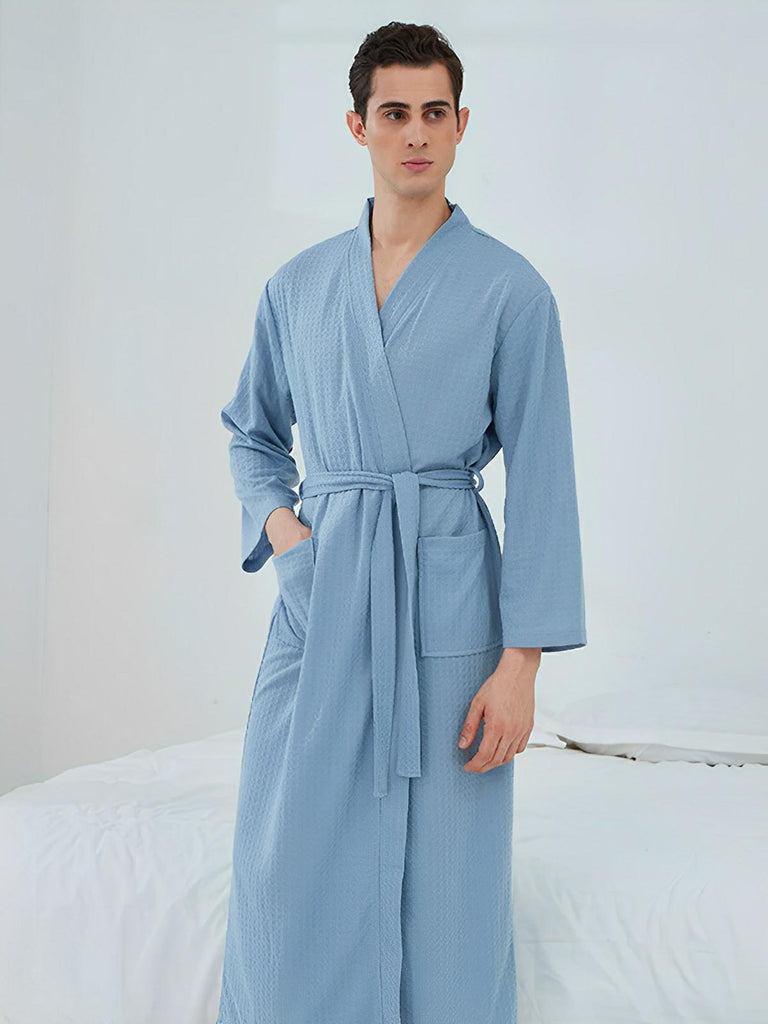 Peignoir homme femme, coupe longue, léger absorbant, effet nid d'abeille, ceinture réglable, confort après bain, nombreuses couleurs, modèle Talède - Peignoir - Bleu ciel M