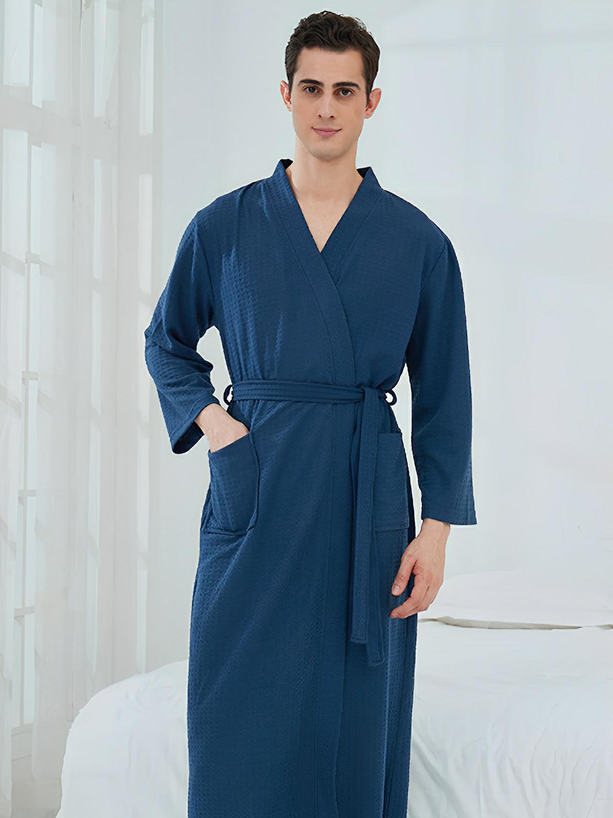 Peignoir homme femme, coupe longue, léger absorbant, effet nid d'abeille, ceinture réglable, confort après bain, nombreuses couleurs, modèle Talède - Peignoir - Bleu marine M