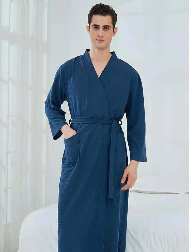 Peignoir homme femme, coupe longue, léger absorbant, effet nid d'abeille, ceinture réglable, confort après bain, nombreuses couleurs, modèle Talède - Peignoir - Bleu marine M