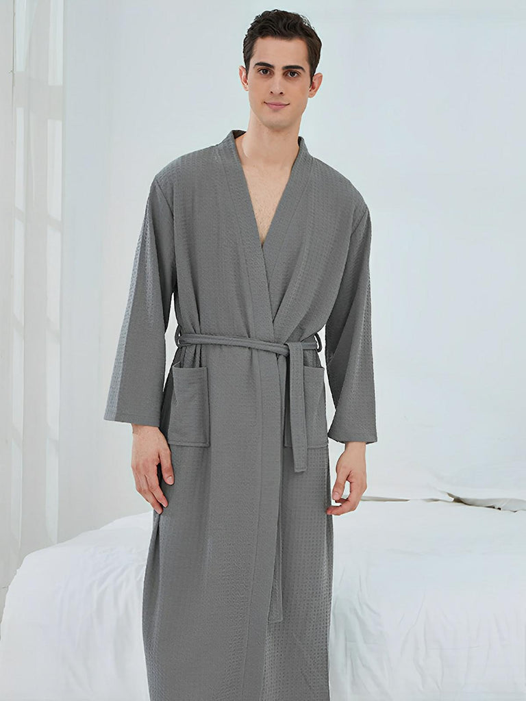 Peignoir homme femme, coupe longue, léger absorbant, effet nid d'abeille, ceinture réglable, confort après bain, nombreuses couleurs, modèle Talède - Peignoir - Gris M