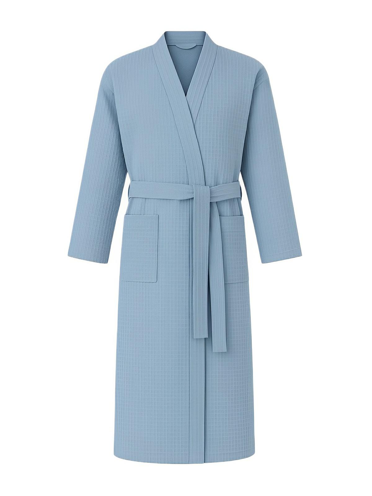Peignoir homme femme, coupe longue, léger absorbant, effet nid d'abeille, ceinture réglable, confort après bain, nombreuses couleurs, modèle Talède - Peignoir - Bleu ciel M
