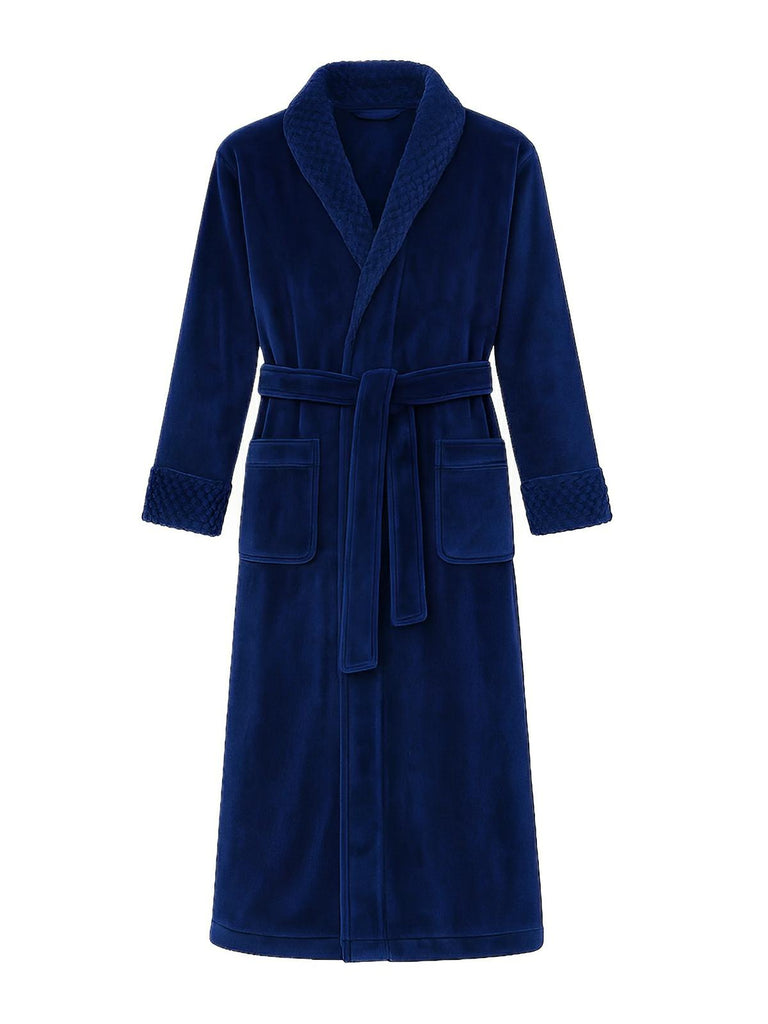 Peignoir long en flanelle ultra douce, modèle mixte, confort chaud pour l’hiver, ceinture à nouer, poches pratiques, col châle raffiné, modèle Porta - Peignoir - Bleu marine M
