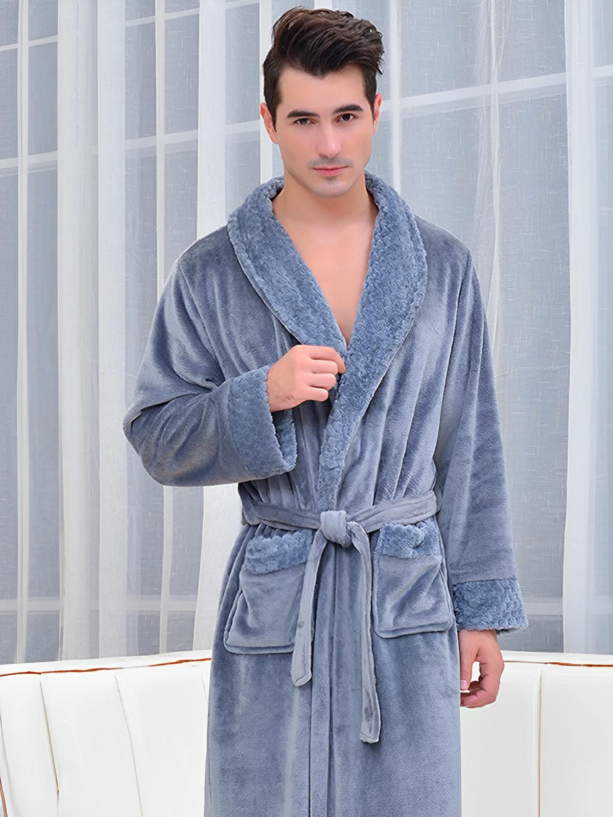 Peignoir long en flanelle ultra douce, modèle mixte, confort chaud pour l’hiver, ceinture à nouer, poches pratiques, col châle raffiné, modèle Porta - Peignoir - Gris M