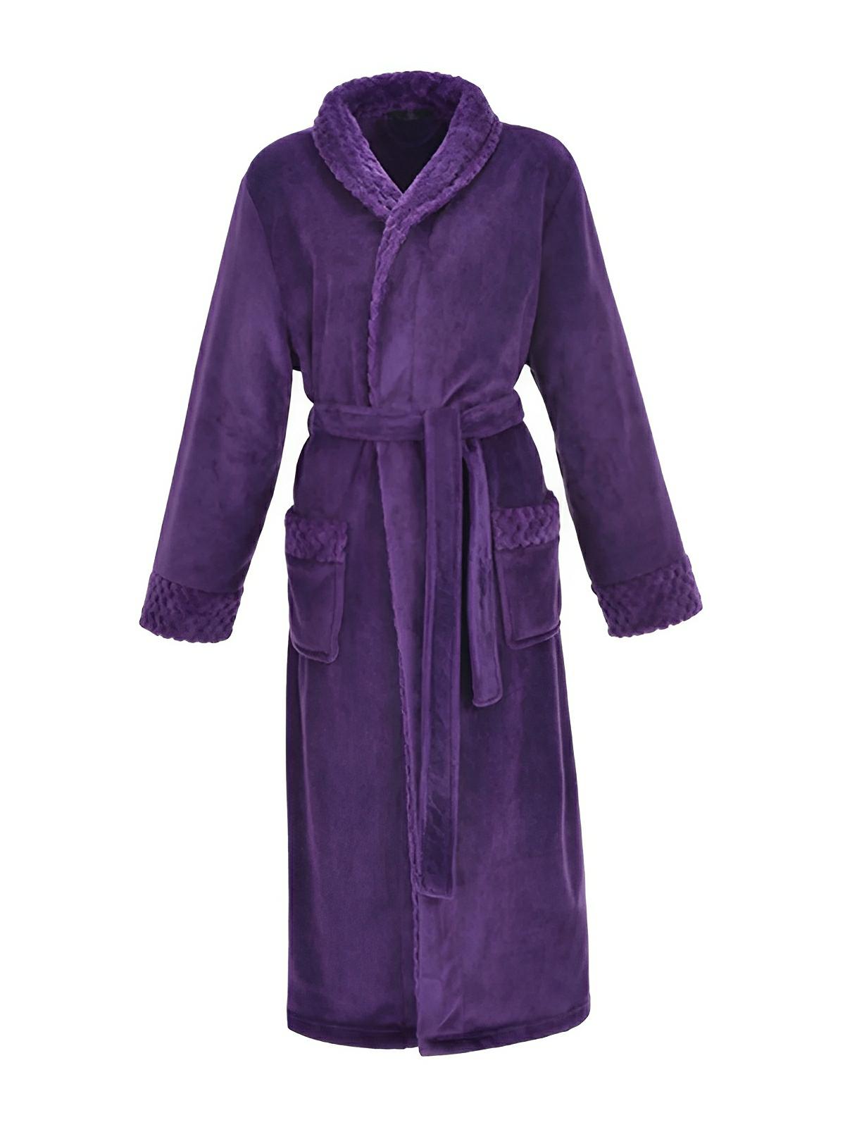 Peignoir long en flanelle ultra douce, modèle mixte, confort chaud pour l’hiver, ceinture à nouer, poches pratiques, col châle raffiné, modèle Porta - Peignoir - Violet M