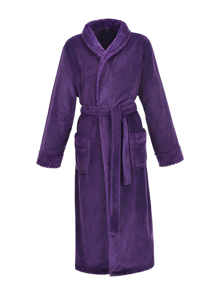 Peignoir long en flanelle ultra douce, modèle mixte, confort chaud pour l’hiver, ceinture à nouer, poches pratiques, col châle raffiné, modèle Porta - Peignoir - Violet M