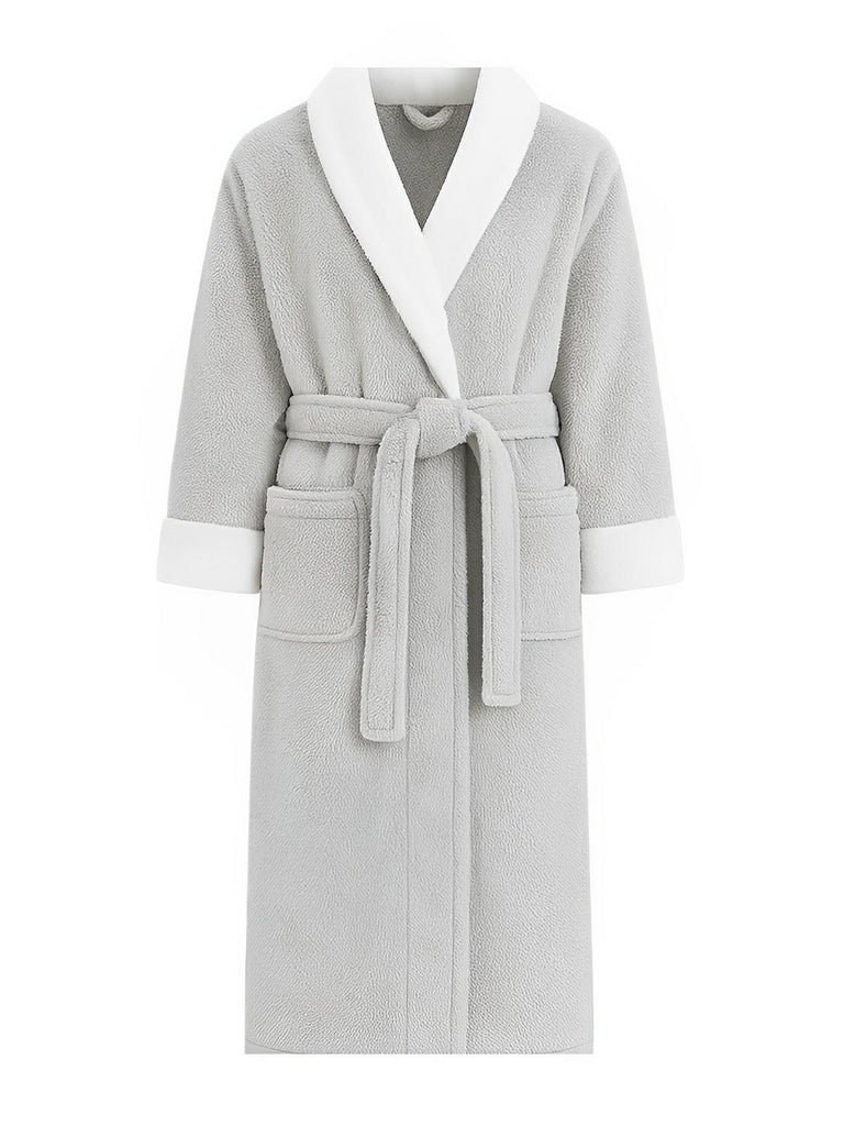 Peignoir polaire doux, peignoir long mixte hiver, ceinture amovible, col châle contrasté, poches pratiques, confort cocooning, plusieurs couleurs, modèle Cassiope - Peignoir - Gris M
