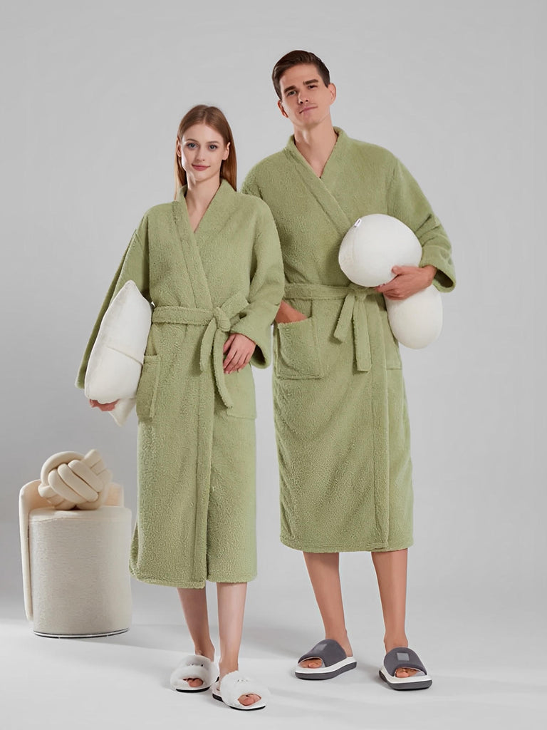 Peignoir ultra doux, chaleur cocooning, confort polaire, ceinture ajustable, coupe longue, idéal hiver, mixte homme femme, gris ivoire vert, tissu respirant, modèle Ilyo - Peignoir - Vert M