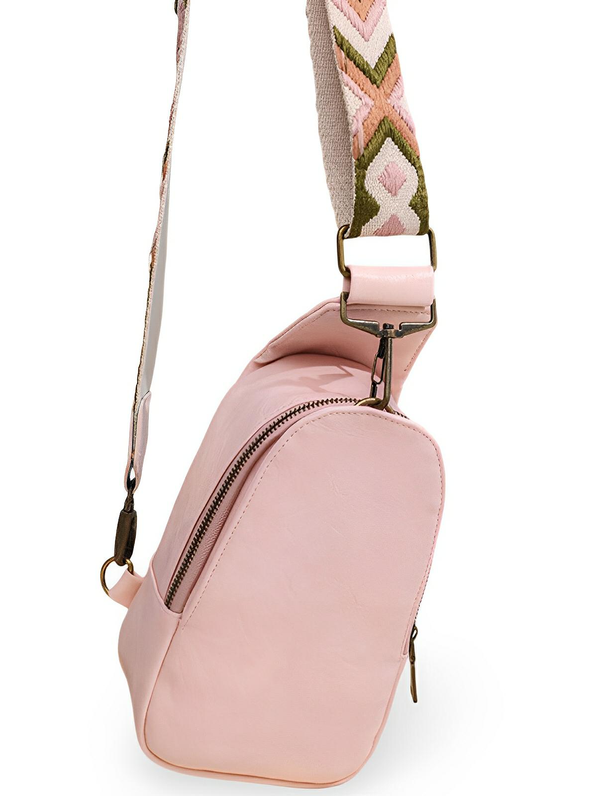 Petit sac bandoulière femme, sac de poitrine compact, style bohème, sangle large réglable, fermeture, modèle Vida - Sac Bandoulière - Rose