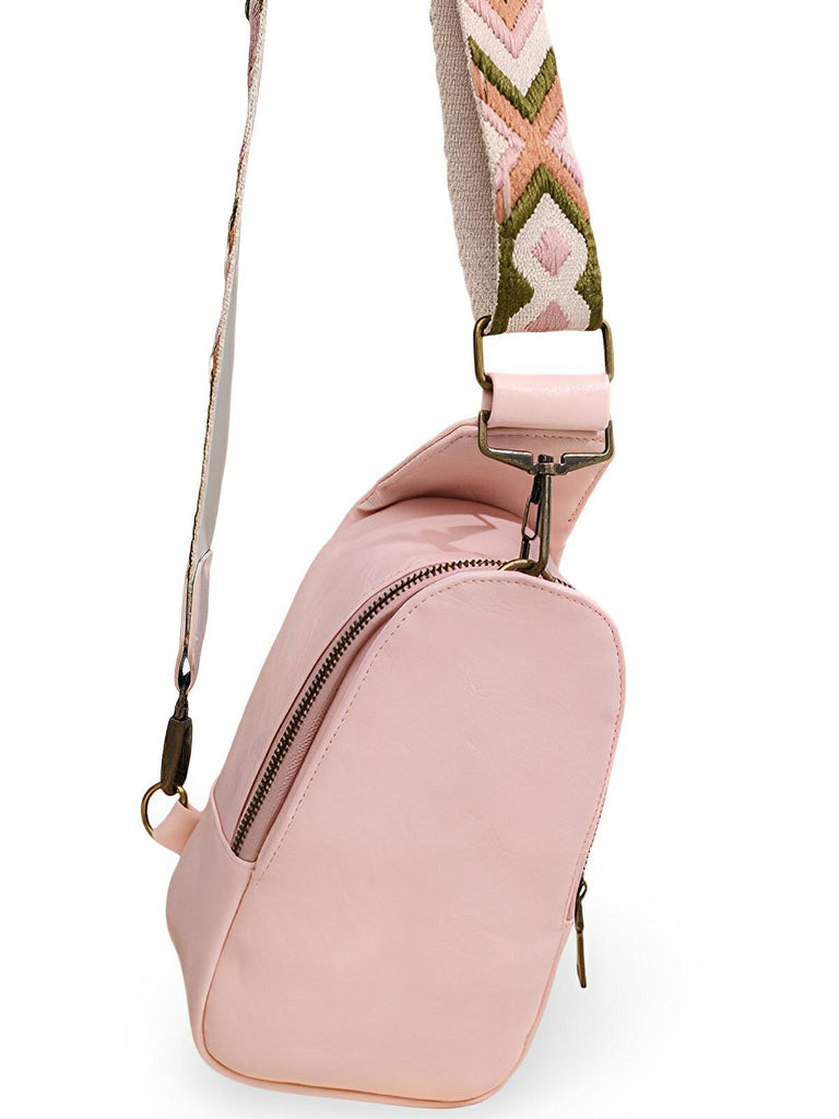 Petit sac bandoulière femme, sac de poitrine compact, style bohème, sangle large réglable, fermeture, modèle Vida - Sac Bandoulière - Rose