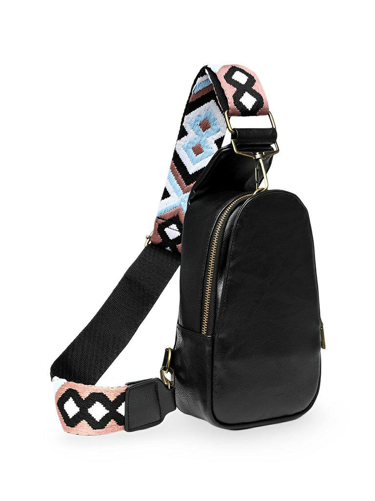 Petit sac bandoulière femme, sac de poitrine compact, style bohème, sangle large réglable, fermeture, modèle Vida - Sac Bandoulière - Noir