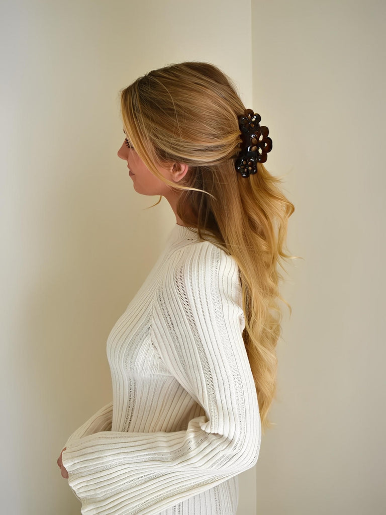 Pince à cheveux fleur, grande pince crabe, marron, accessoire cheveux femme, clip solide, coiffure quotidienne, pince florale élégante, modèle Astide - Pince à cheveux - Marron