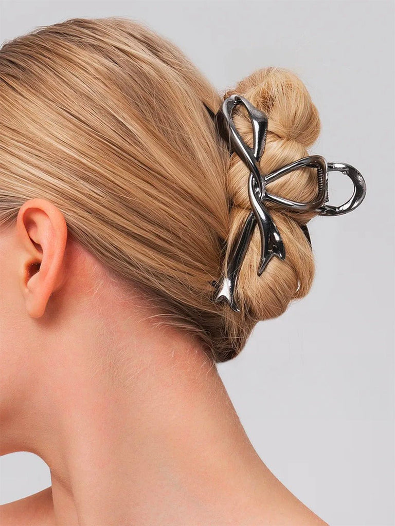 Pince à cheveux métal, pince crabe femme, accessoire cheveux nœud, pince coiffure cheveux longs, pince solide brillante, modèle Mina - Pince à cheveux - Argent