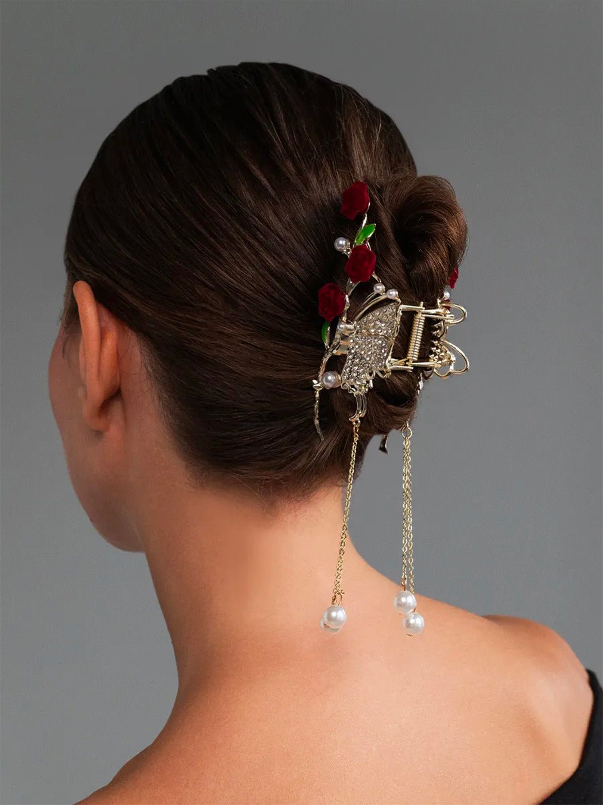 Pince à cheveux papillon doré, pince crabe fleurs rouges, pince cheveux strass et perles, pince cheveux mariage femme, accessoire coiffure chic, modèle Clochette - Pince à cheveux - Or