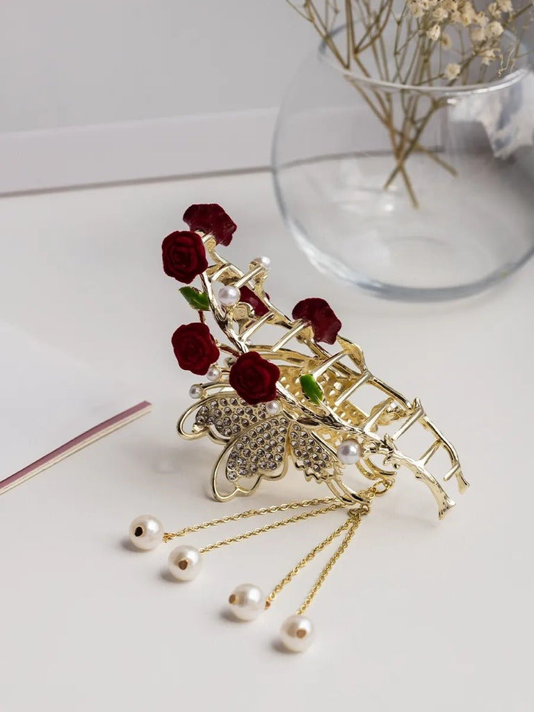 Pince à cheveux papillon doré, pince crabe fleurs rouges, pince cheveux strass et perles, pince cheveux mariage femme, accessoire coiffure chic, modèle Clochette - Pince à cheveux - Or