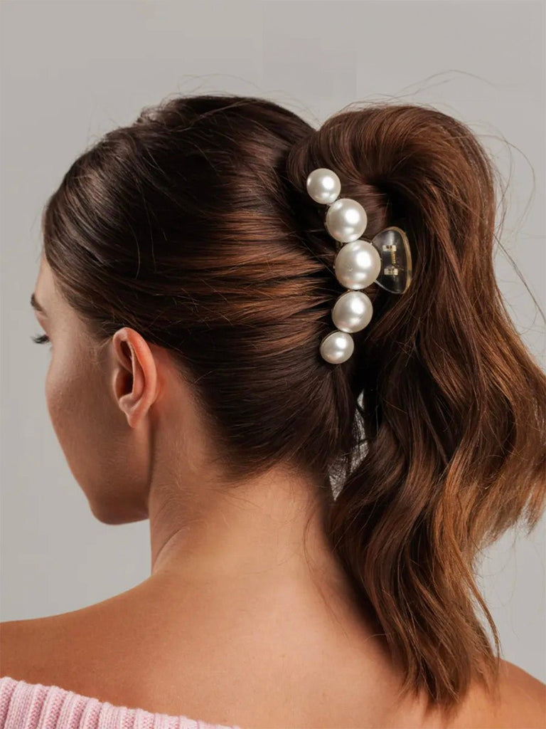 Pince à cheveux perles, pince crabe cheveux femme, accessoire coiffure perle, pince cheveux transparente, pince cheveux mariage soirée, modèle Yania - Pince à cheveux - Blanc
