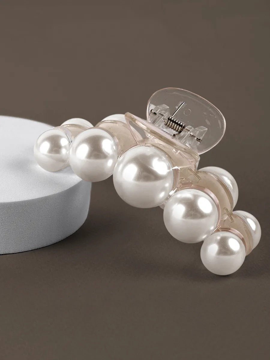 Pince à cheveux perles, pince crabe cheveux femme, accessoire coiffure perle, pince cheveux transparente, pince cheveux mariage soirée, modèle Yania - Pince à cheveux - Blanc