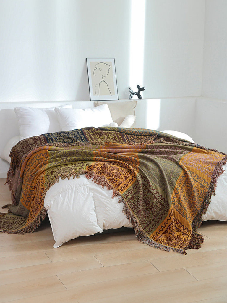 Plaid boho en coton, jeté de lit doux, couverture légère, motifs ethniques, franges décoratives, modèle Niva - Multicolore 250 x 230 cm