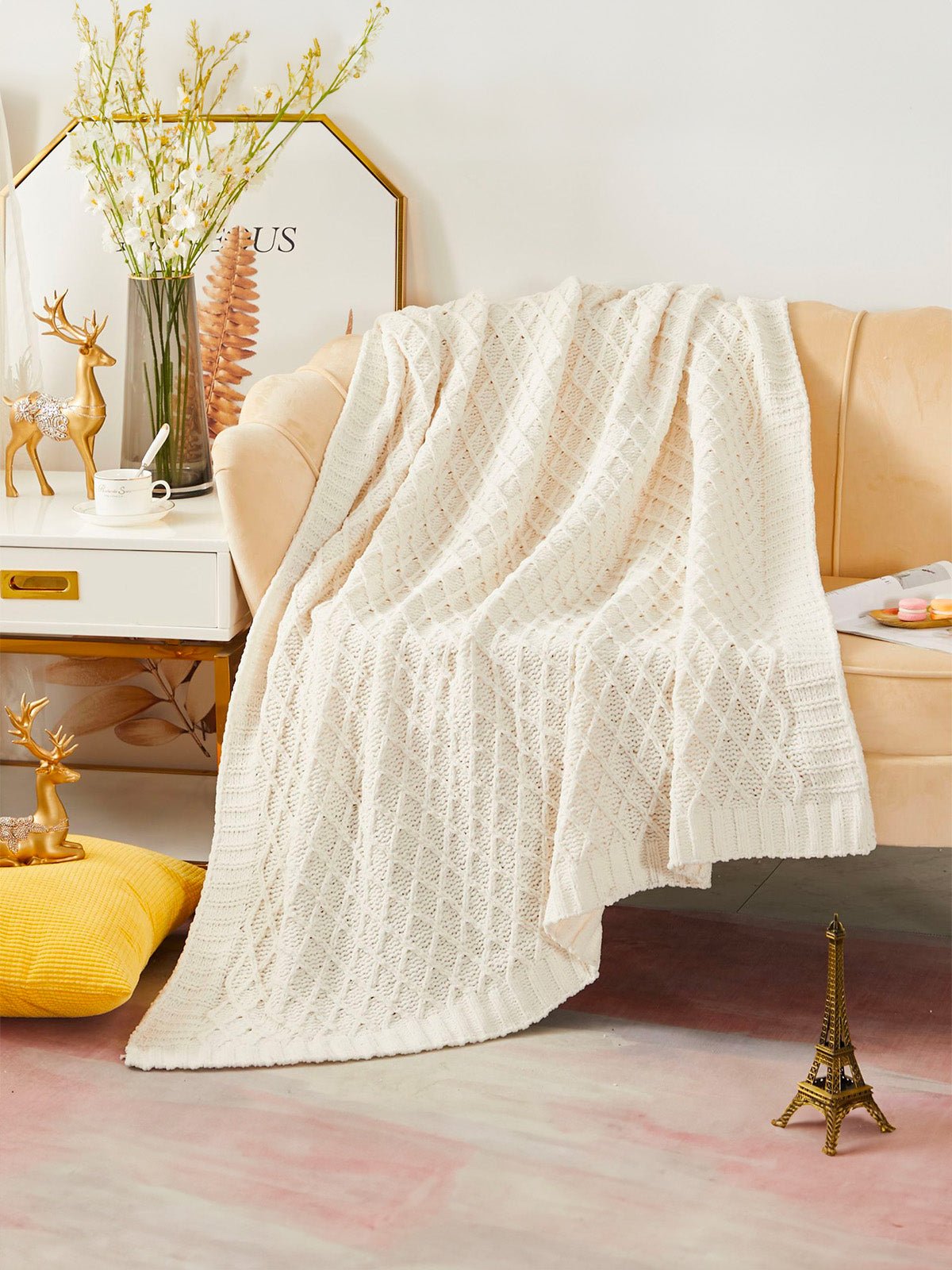 Plaid chenille tricoté crème, couverture douce canapé, plaid géométrique cosy, jeté de lit moelleux, couverture maille chaude, modèle Solal - Blanc