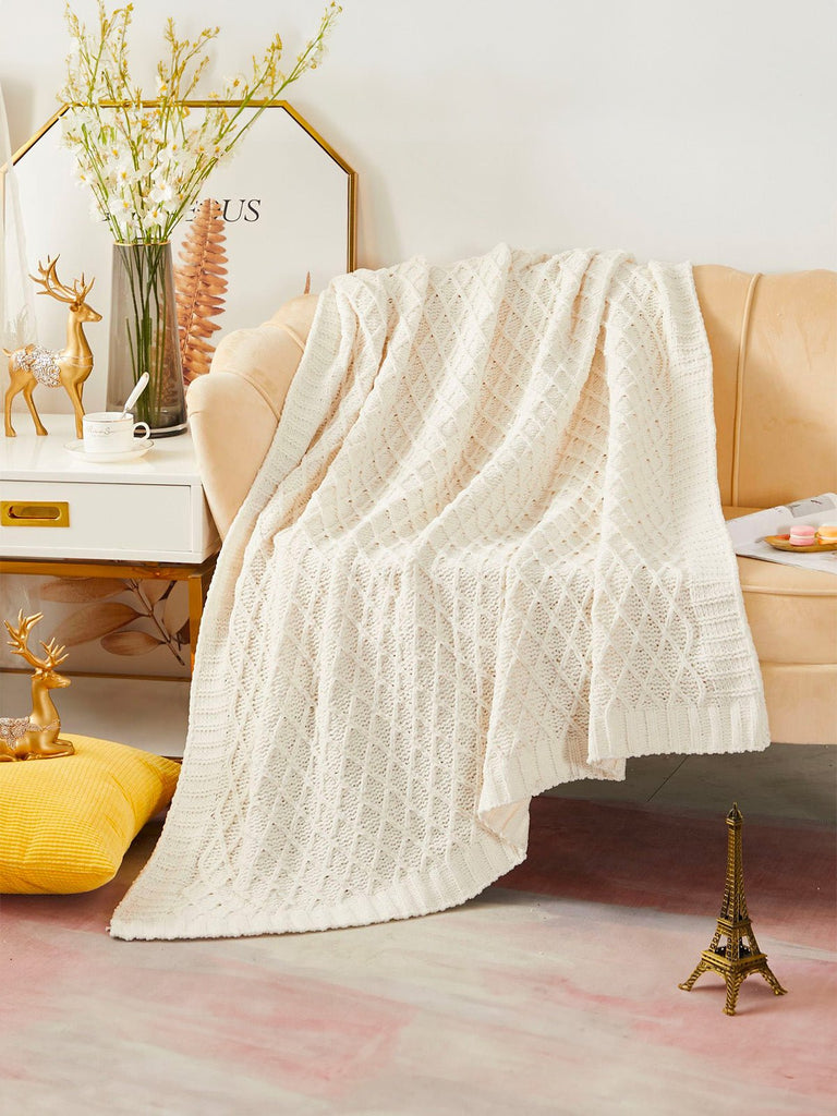 Plaid chenille tricoté crème, couverture douce canapé, plaid géométrique cosy, jeté de lit moelleux, couverture maille chaude, modèle Solal - Blanc
