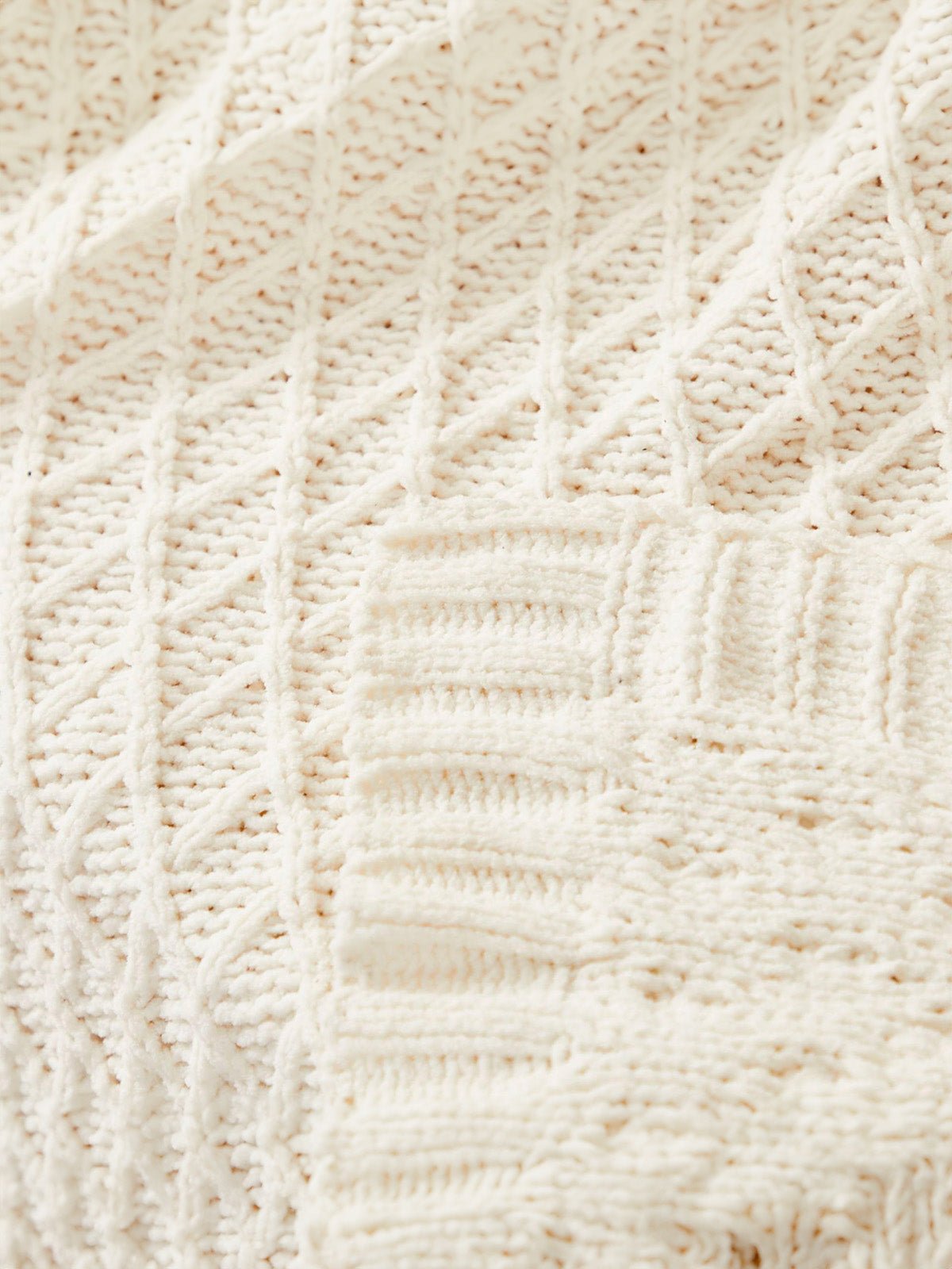 Plaid chenille tricoté crème, couverture douce canapé, plaid géométrique cosy, jeté de lit moelleux, couverture maille chaude, modèle Solal - Blanc