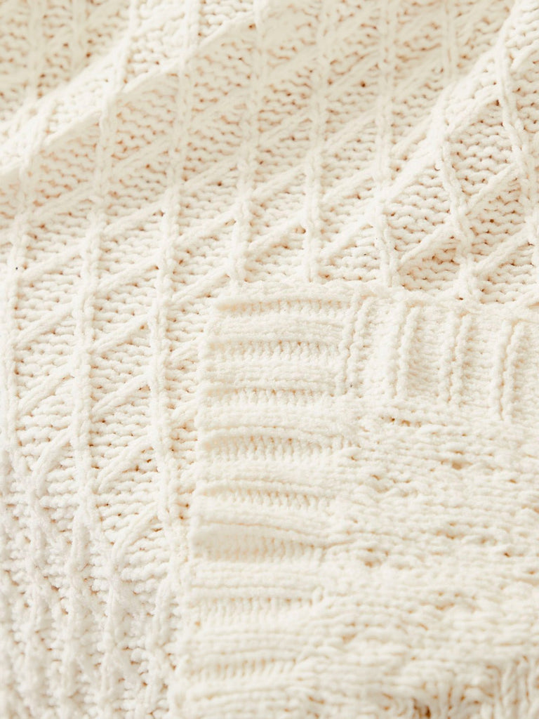 Plaid chenille tricoté crème, couverture douce canapé, plaid géométrique cosy, jeté de lit moelleux, couverture maille chaude, modèle Solal - Blanc