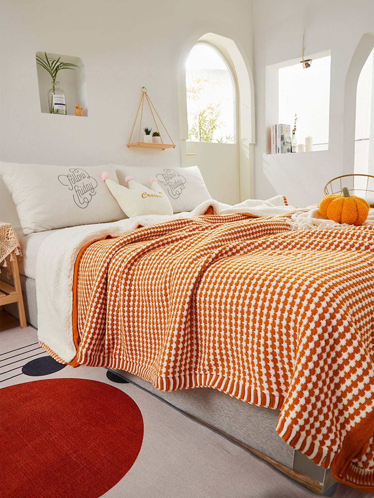 Plaid cocooning hiver, couverture douce lit, motif géométrique bicolore, doublure effet mouton, grande taille chaude, modèle Soel - Orange 150 x 200 cm
