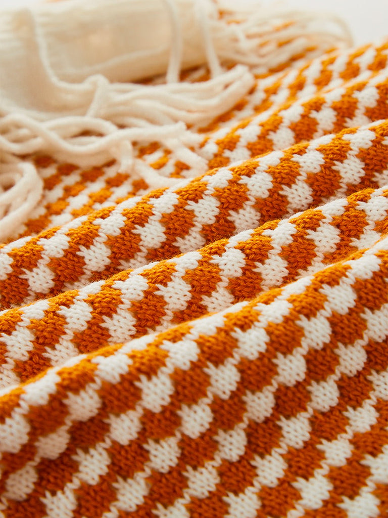 Plaid cocooning hiver, couverture douce lit, motif géométrique bicolore, doublure effet mouton, grande taille chaude, modèle Soel - Orange 150 x 200 cm