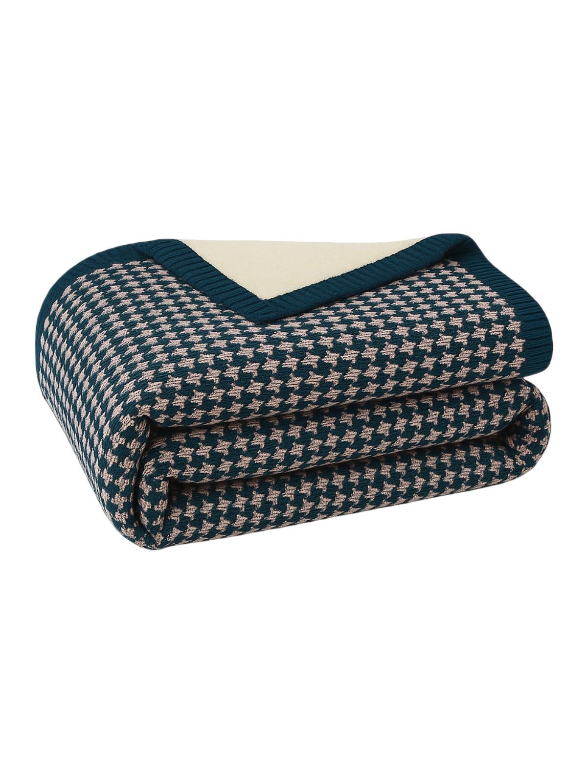 Plaid cocooning hiver, couverture douce lit, motif géométrique bicolore, doublure effet mouton, grande taille chaude, modèle Soel - Bleu marine 150 x 200 cm